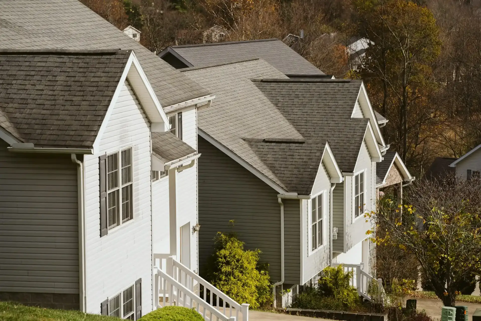 Row of suburban homes with gabled roofs