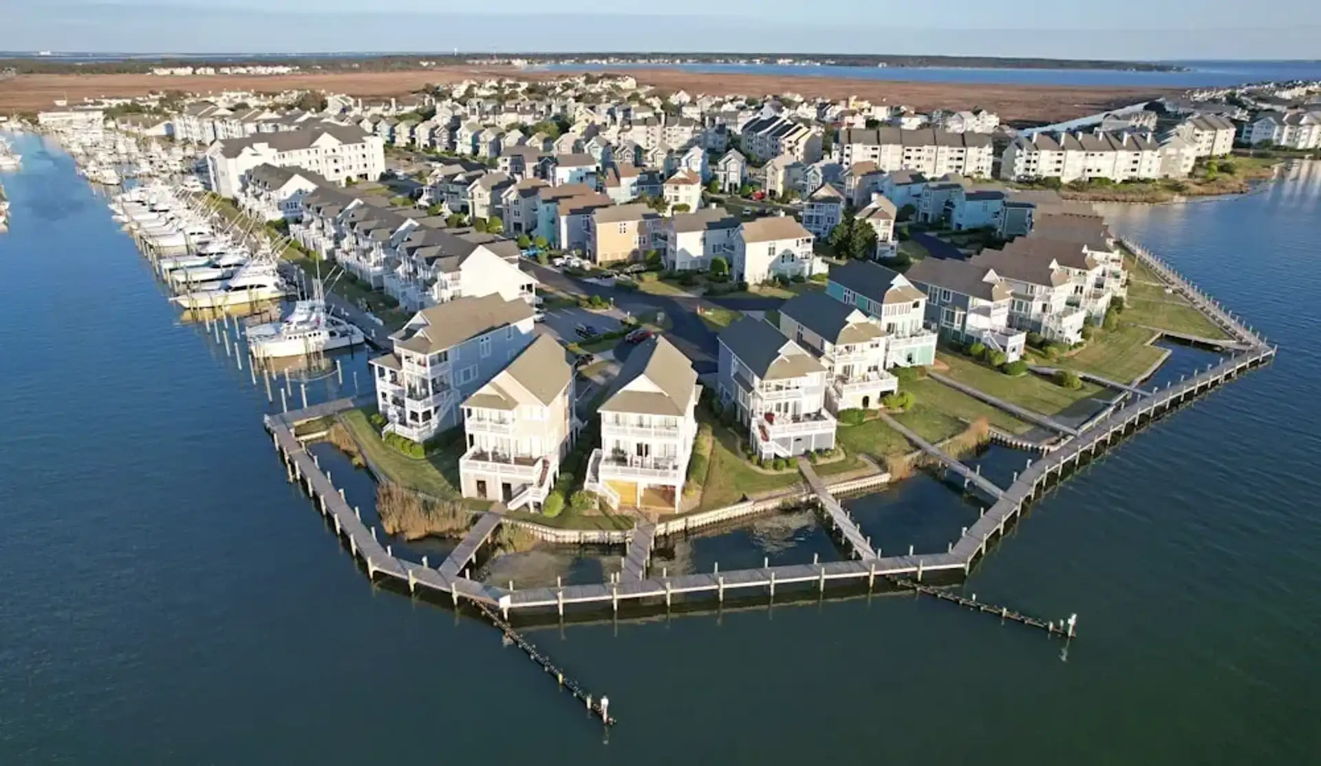 Aerial view of a waterfront housing development