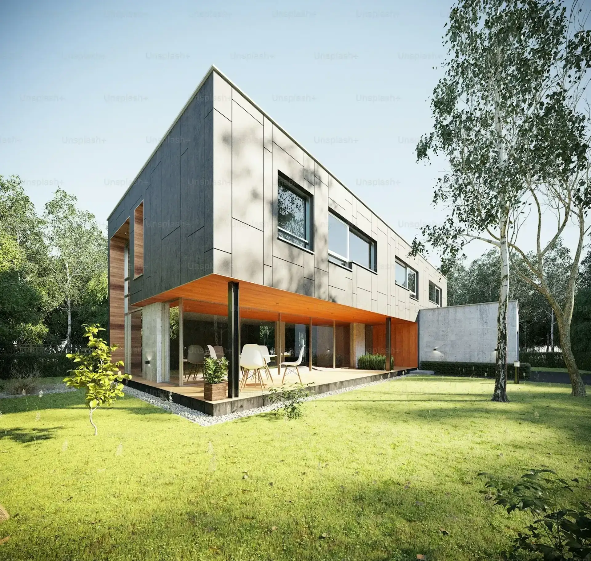 Modern custom home with a wooded yard